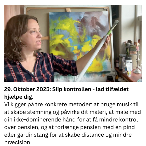 Vi kigger på tre konkrete metoder: at bruge musik til at skabe stemning og påvirke dit maleri, at male med din ikke-dominerende hånd for at få mindre kontrol over penslen, og at forlænge penslen med en pind eller gardinstang for at skabe distance og mindre præcision.